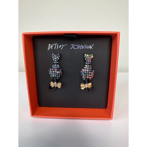 Betsey Johnson Kitty Cat Black Iridescent Pave Rhinestone Earrings in Gift Box - Picture 2 of 3
